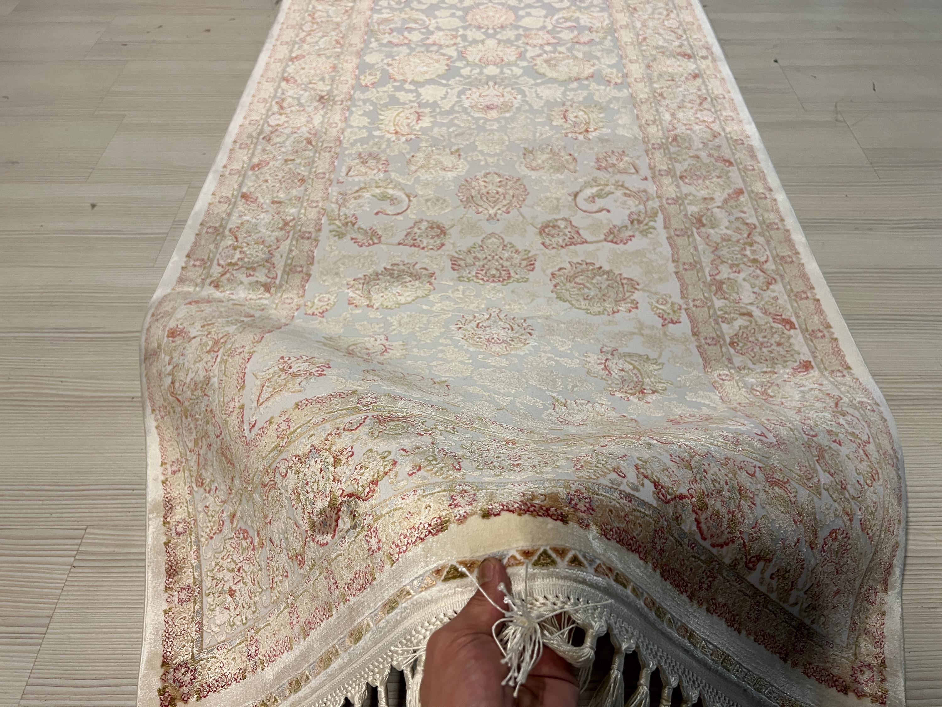 3x10 ft Ivory Modal Silk Runner Rug, Turkish Hallway Runner, Floral Luxury Carpet