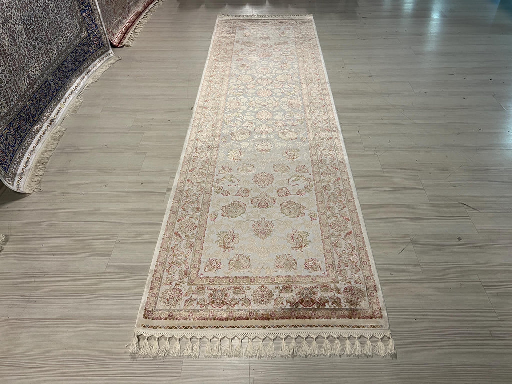3x10 ft Ivory Modal Silk Runner Rug, Turkish Hallway Runner, Floral Luxury Carpet