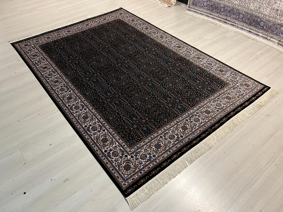 5x8 Black Silk Area Rug, Floral Garden Design, Turkish Living Room Decor