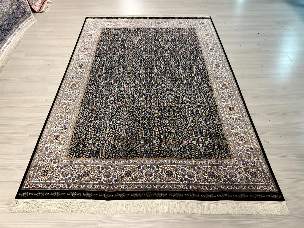 5x8 Black Silk Area Rug, Floral Garden Design, Turkish Living Room Decor