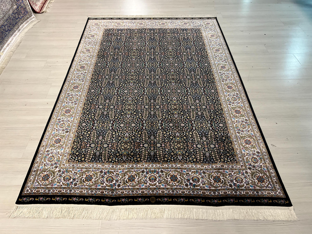 5x8 Black Silk Area Rug, Floral Garden Design, Turkish Living Room Decor