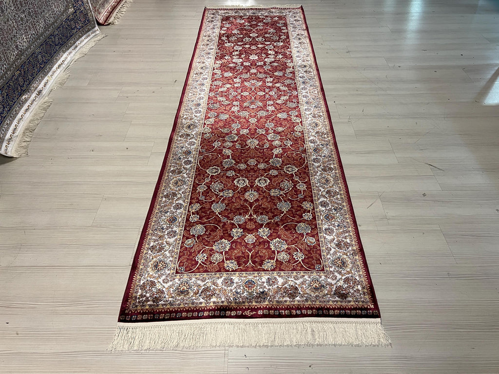 3x10 ft Modern Silk Runner Rug, Turkish Style Burgundy Floral Design Hallway Rug