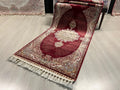 3x10 ft Red Bamboo Silk Runner Rug, Traditional Medallion Design Turkish Hallway Rug