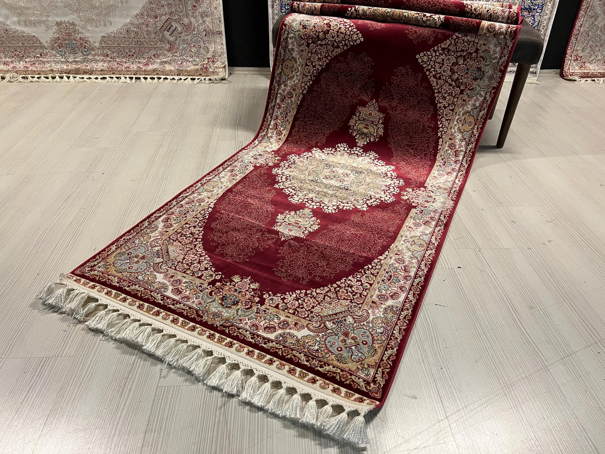 3x10 ft Red Bamboo Silk Runner Rug, Traditional Medallion Design Turkish Hallway Rug