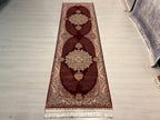 3x10 ft Red Bamboo Silk Runner Rug, Traditional Medallion Design Turkish Hallway Rug