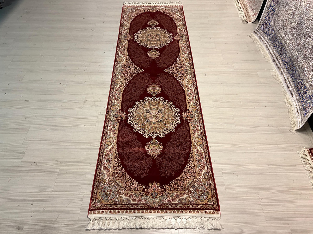 3x10 ft Red Bamboo Silk Runner Rug, Traditional Medallion Design Turkish Hallway Rug
