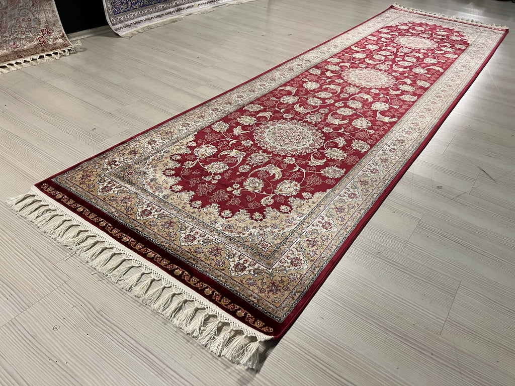 3x10 Red Bamboo Silk Runner Rug, Floral Medallion Hallway Rug