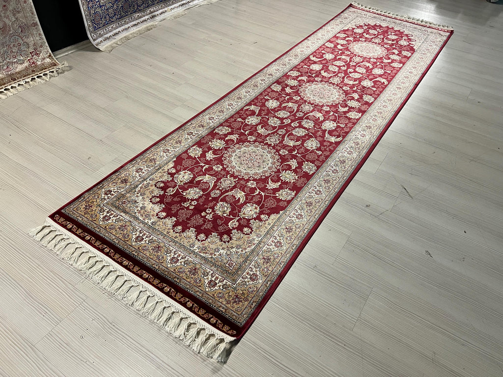 3x10 Red Bamboo Silk Runner Rug, Floral Medallion Hallway Rug