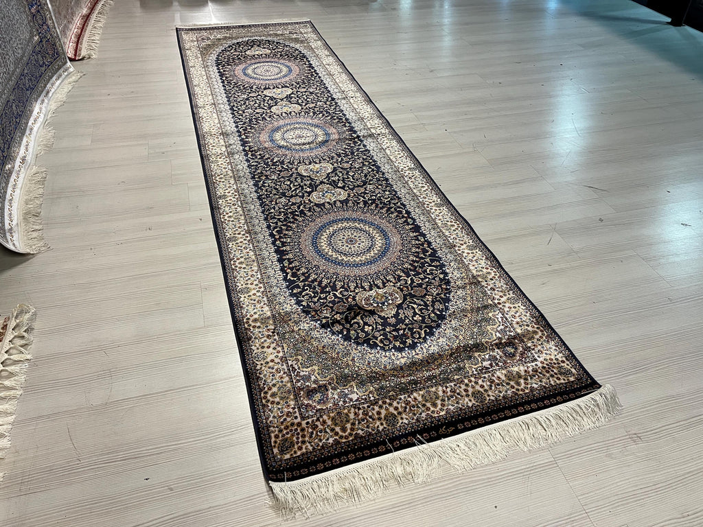 Navy Blue Modal Silk Rug, Turkish Runner, 3x10 ft