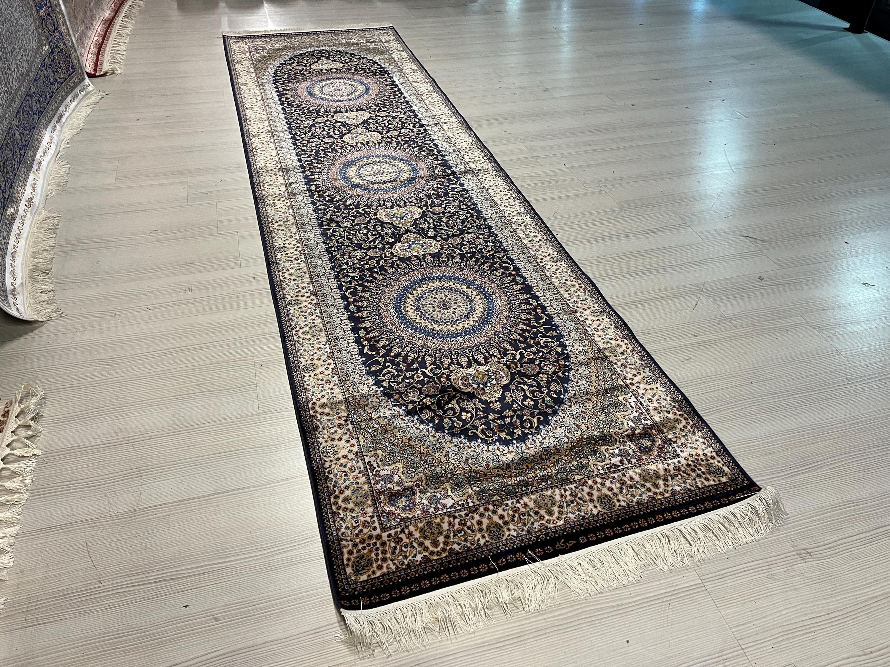 Navy Blue Modal Silk Rug, Turkish Runner, 3x10 ft