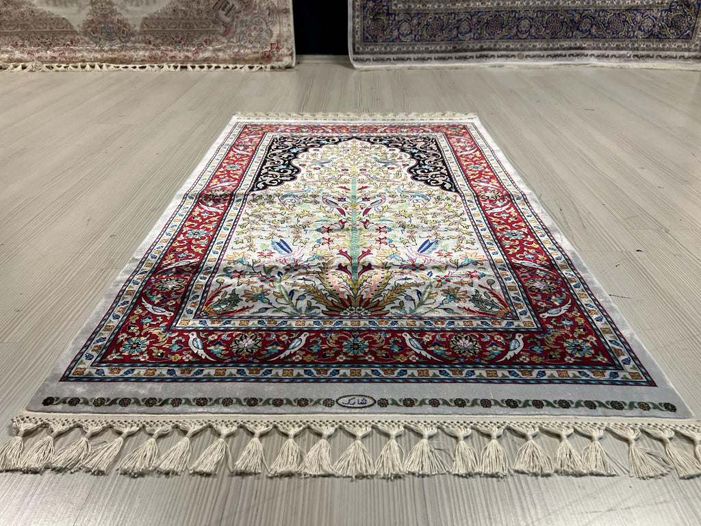 3x4 ft Ivory Red Runner Silk Rug, Floral and Bird Pattern, Turkish Style Hallway Rug
