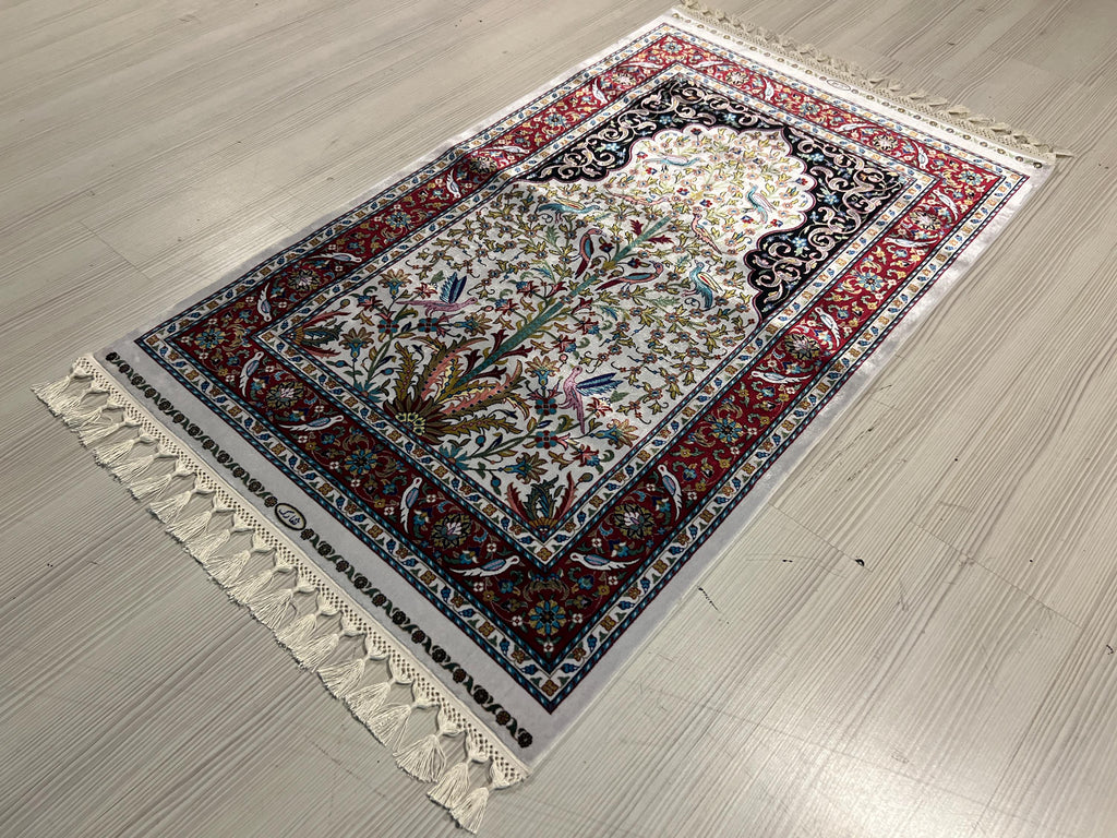 3x4 ft Ivory Red Runner Silk Rug, Floral and Bird Pattern, Turkish Style Hallway Rug