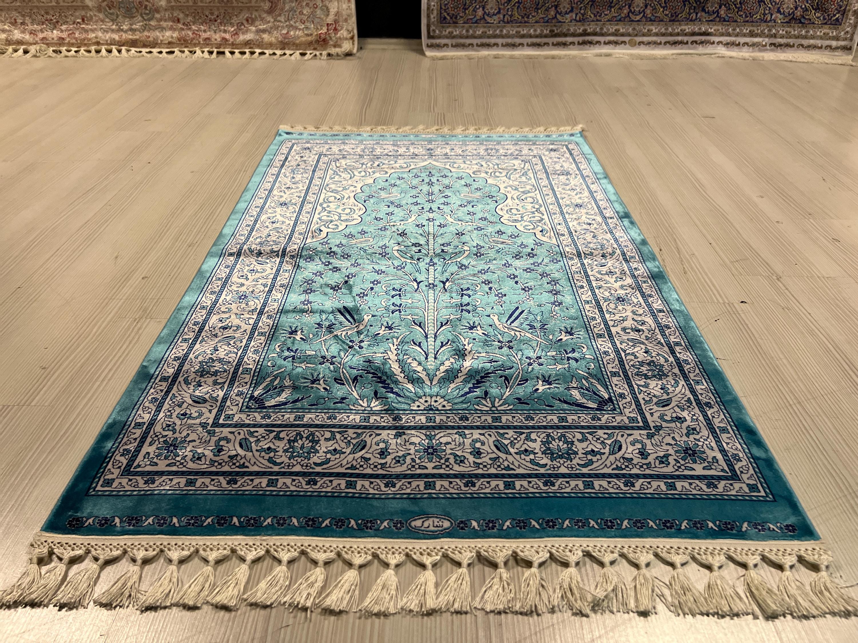 3x4 ft Blue Silk Runner Rug, Modern Floral And Brid Pattern, Traditional Hallway Rug