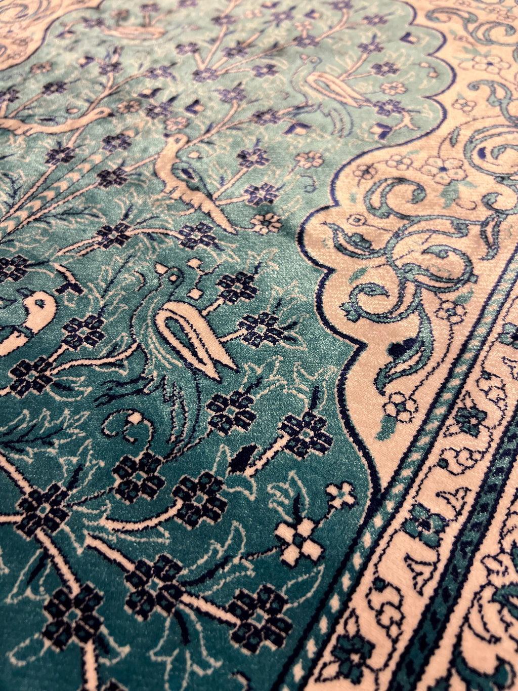 3x4 ft Blue Silk Runner Rug, Modern Floral And Brid Pattern, Traditional Hallway Rug