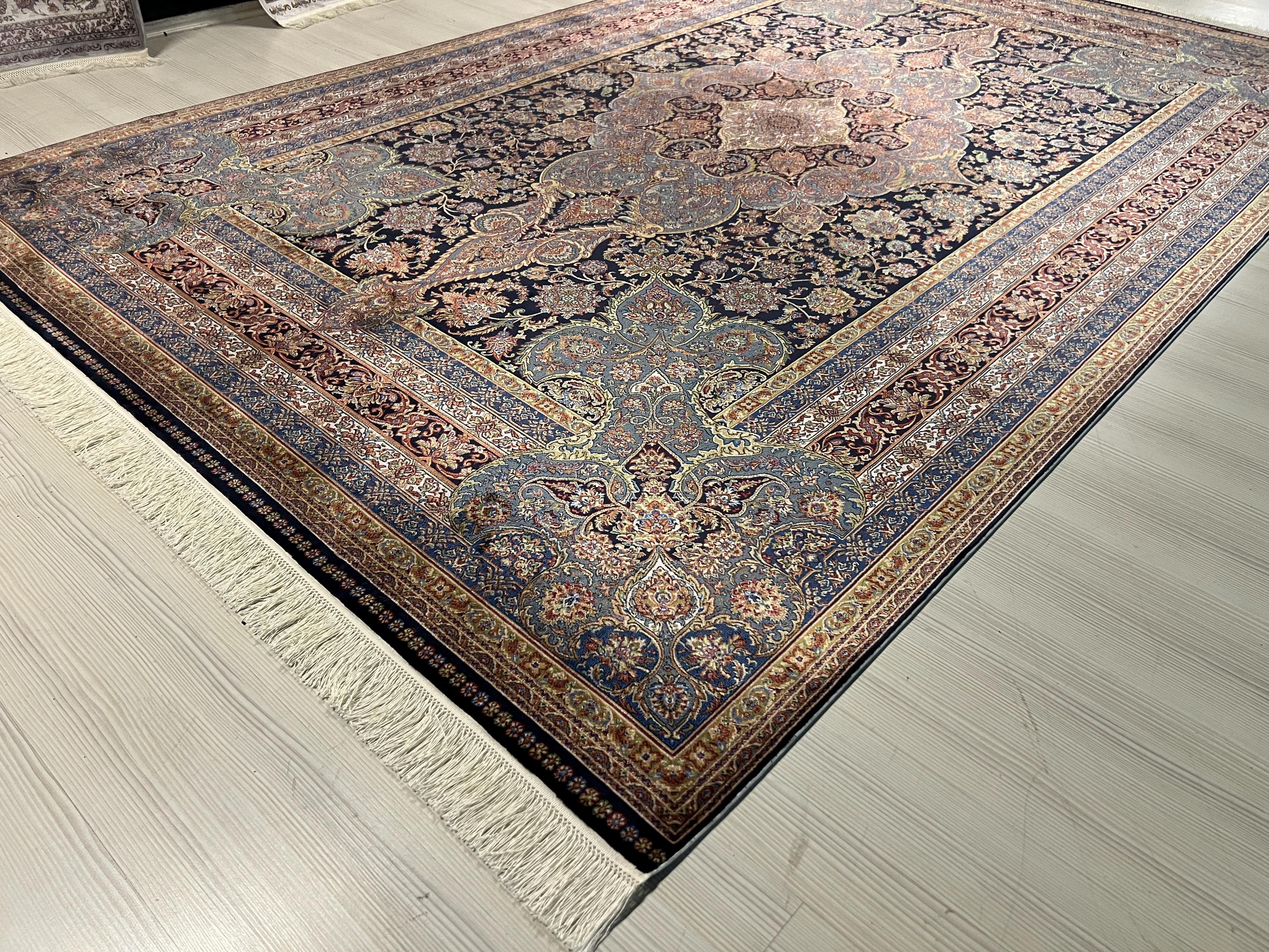 7x10 Blue Red Modal Silk Rug, Medallion Oriental Area Rug for Living Room