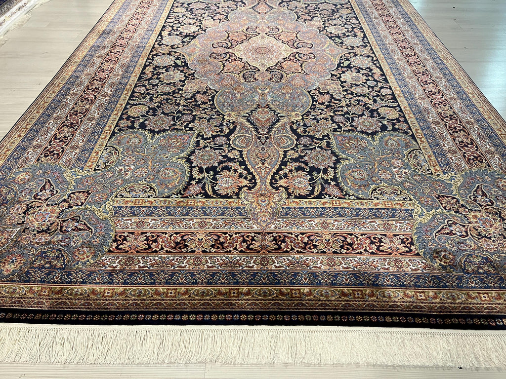 7x10 Blue Red Modal Silk Rug, Medallion Oriental Area Rug for Living Room