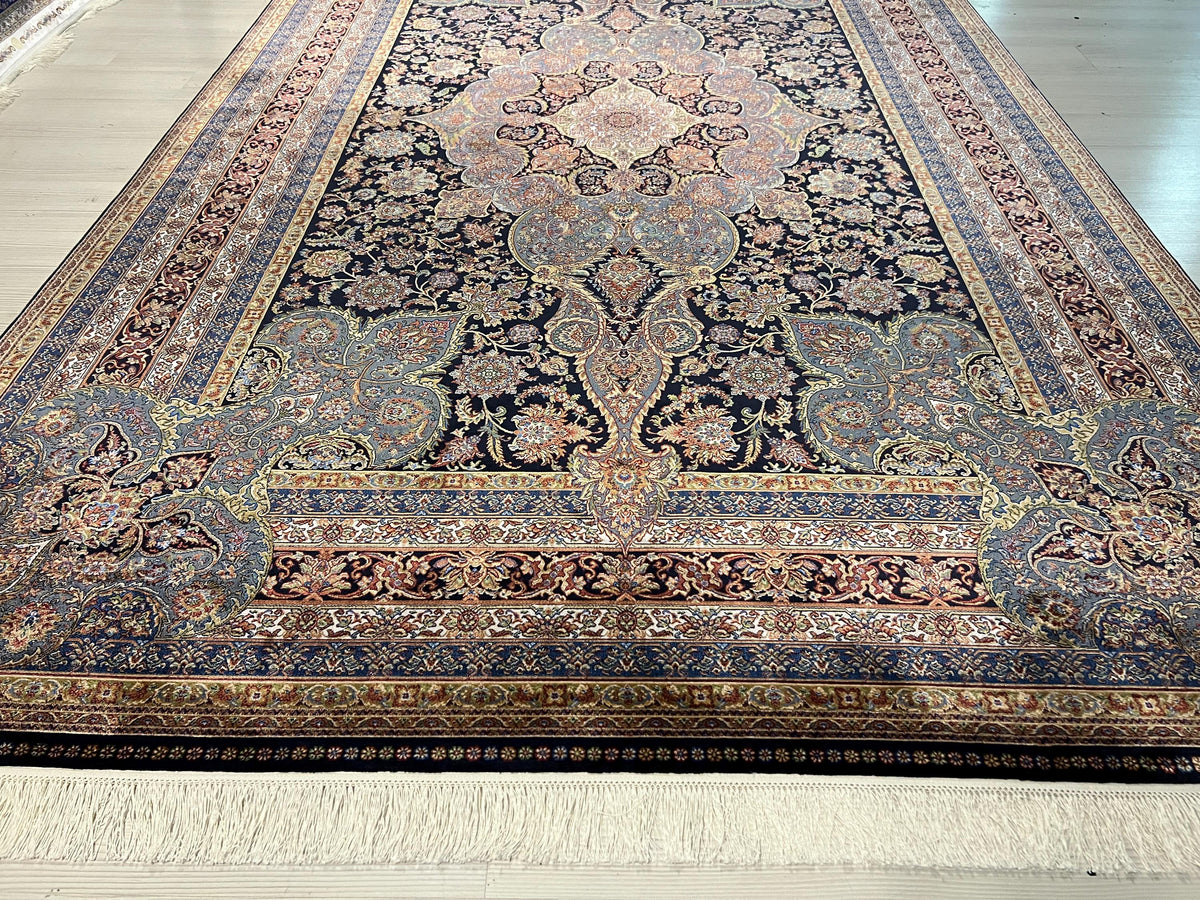 7x10 Blue Red Modal Silk Rug, Medallion Oriental Area Rug for Living Room