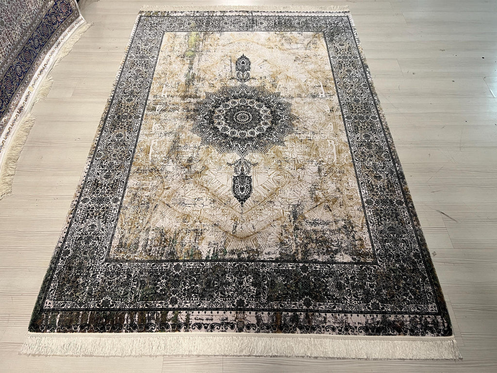 5x8 ft Modern Vintage Modal Silk Rug, Distressed Medallion Turkish Living Room Carpet