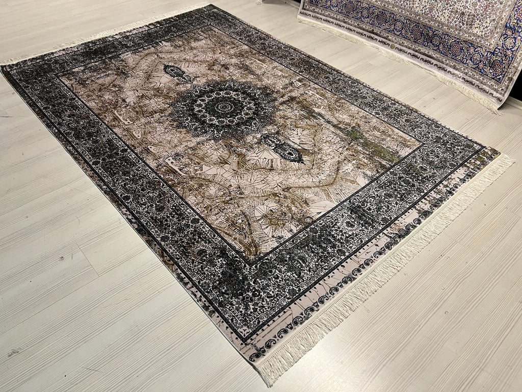 5x8 ft Modern Vintage Modal Silk Rug, Distressed Medallion Turkish Living Room Carpet