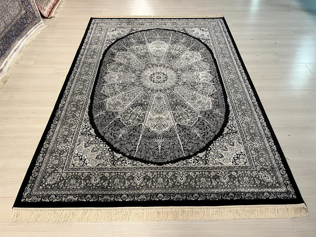 Black Silk Area Rug, Round Medallion Design, Turkish Living Room Decor