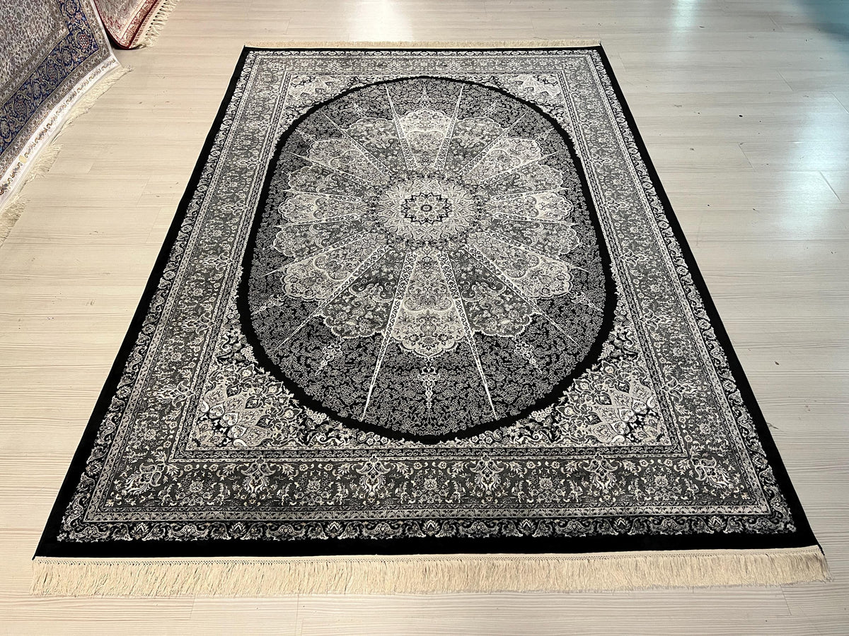 Black Silk Area Rug, Round Medallion Design, Turkish Living Room Decor