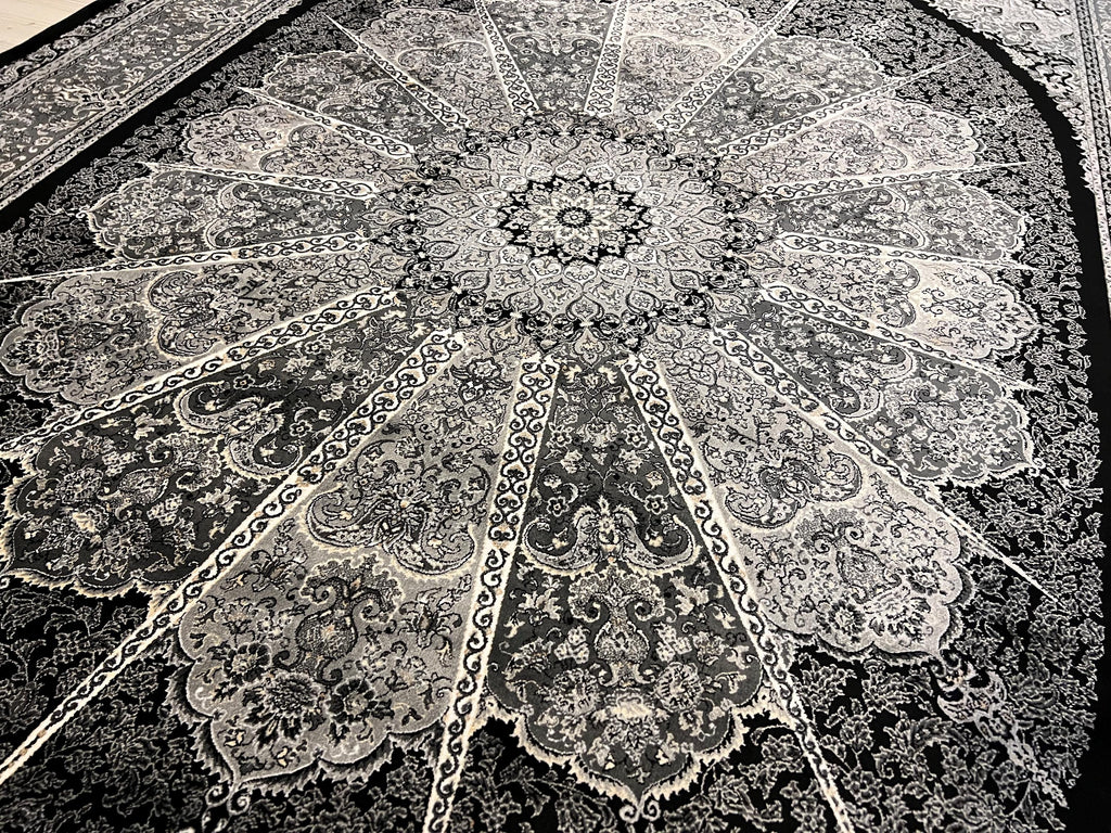 Black Silk Area Rug, Round Medallion Design, Turkish Living Room Decor
