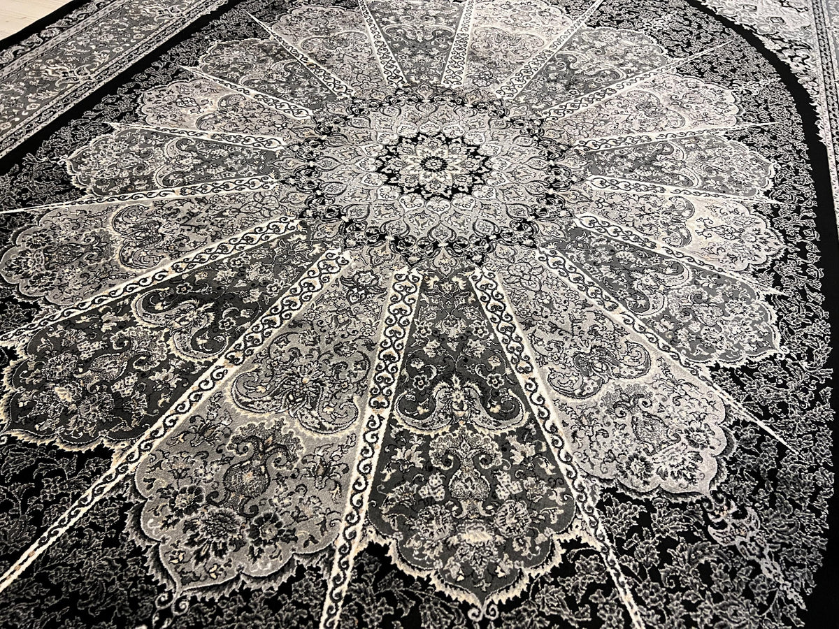 Black Silk Area Rug, Round Medallion Design, Turkish Living Room Decor
