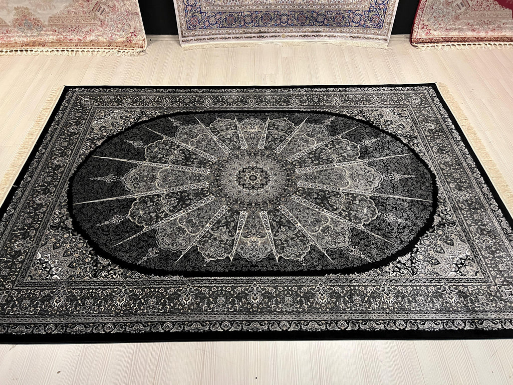 Black Silk Area Rug, Round Medallion Design, Turkish Living Room Decor