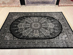 Black Silk Area Rug, Round Medallion Design, Turkish Living Room Decor