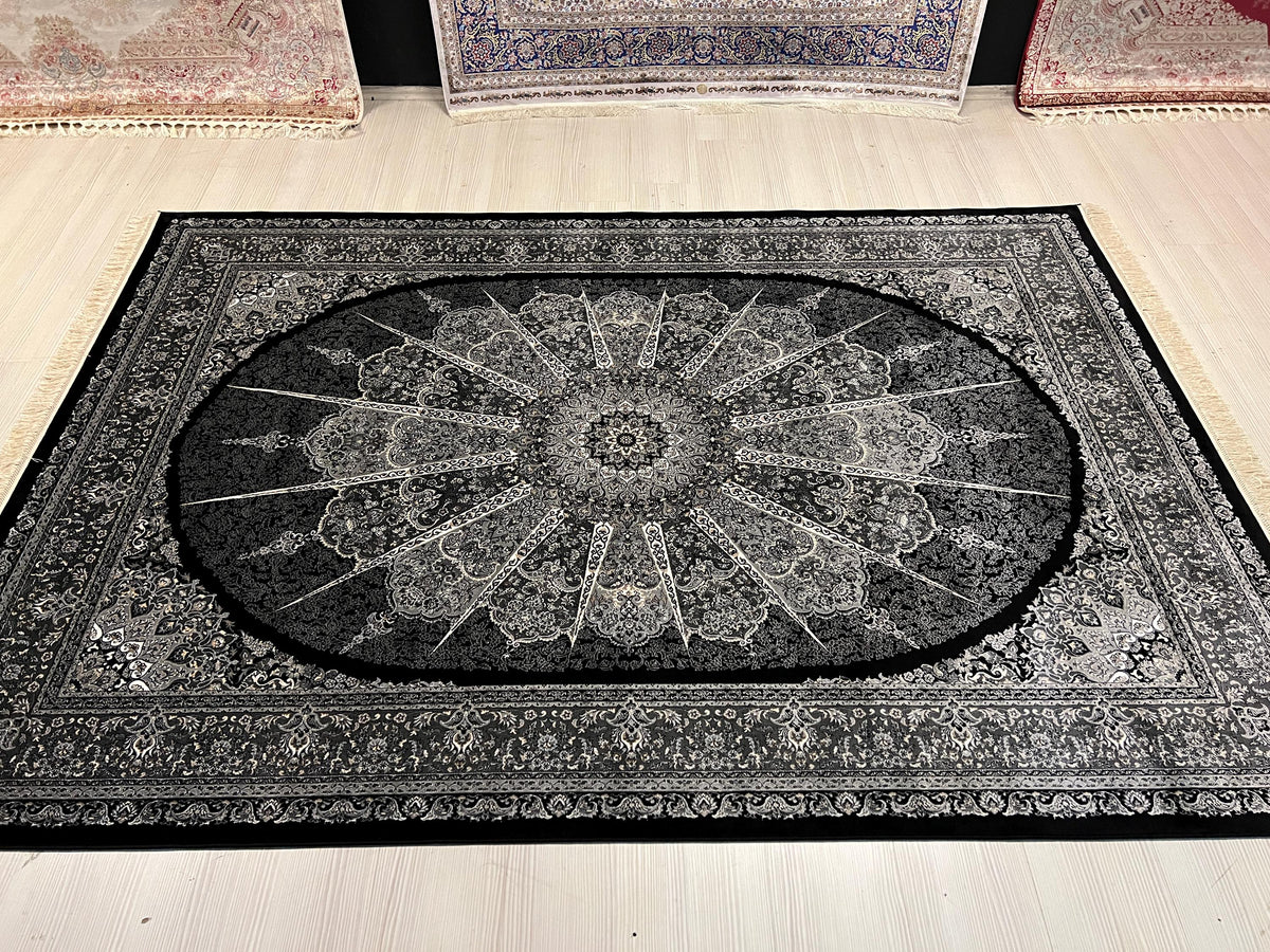 Black Silk Area Rug, Round Medallion Design, Turkish Living Room Decor