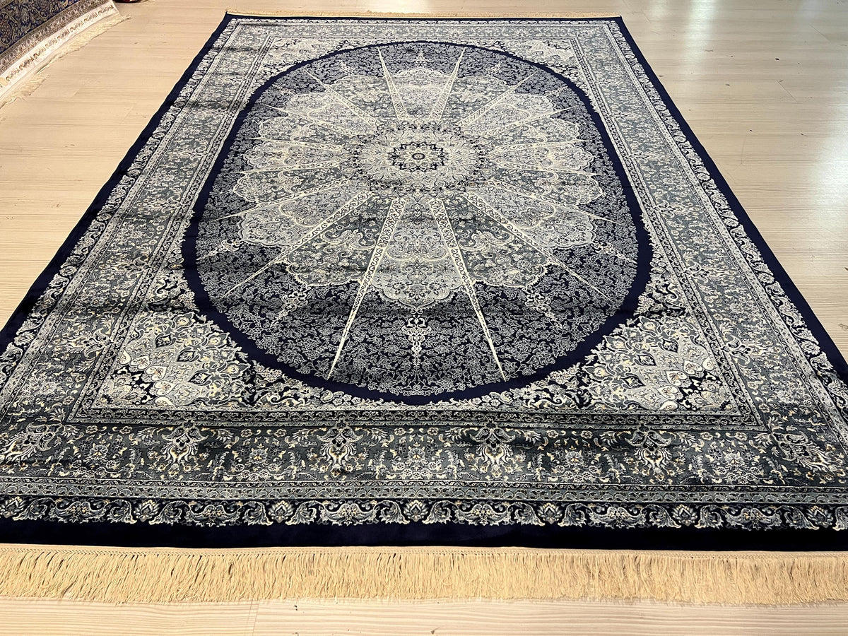 Navy Blue Silk Rug, Turkish Style Medallion Living Room Rug