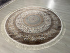 5x5 ft Beige Brown Silk Circle Rug, Floral Pattern Round Area Carpet