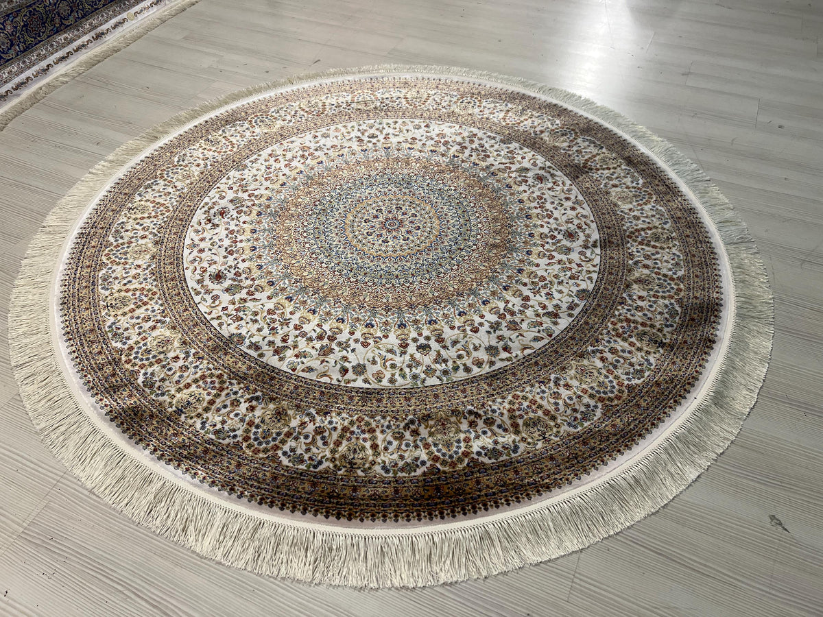 5x5 ft Beige Brown Silk Circle Rug, Floral Pattern Round Area Carpet