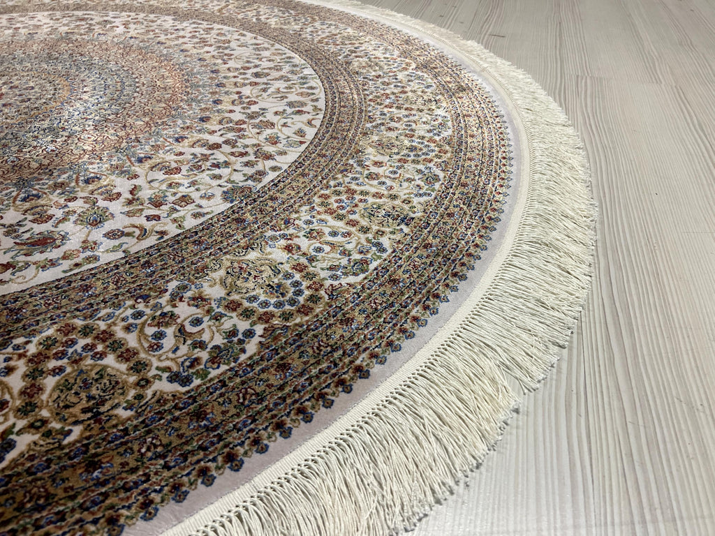 5x5 ft Beige Brown Silk Circle Rug, Floral Pattern Round Area Carpet