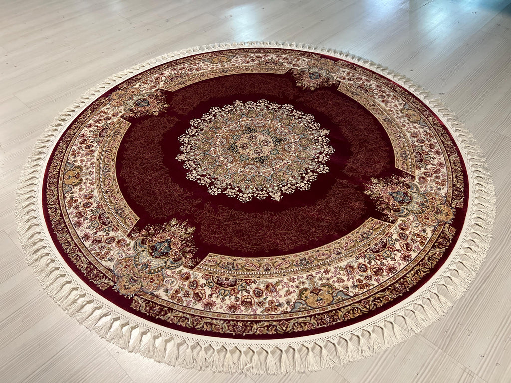 Red Gold Modal Silk Circle Rug, Vintage Style (4x4 ft)