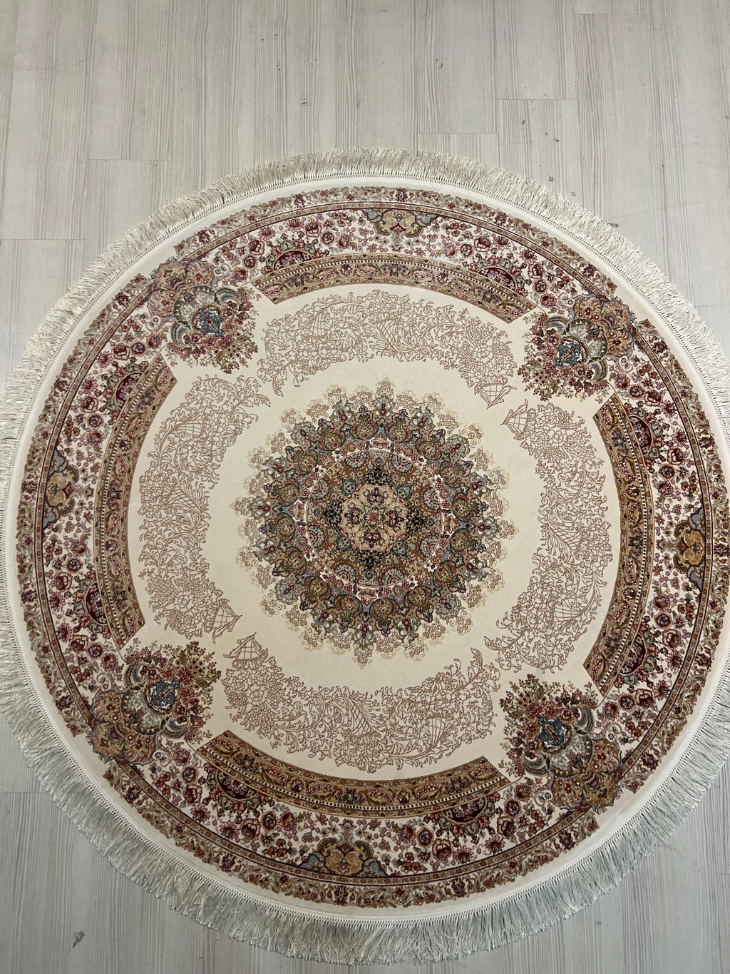 Cream Beige Silk Circle Rug, 4x4 ft Vintage Floral Rug