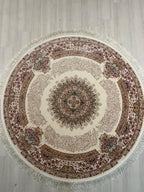 Cream Beige Silk Circle Rug, 4x4 ft Vintage Floral Rug