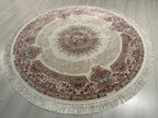 Cream Beige Silk Circle Rug, 4x4 ft Vintage Floral Rug