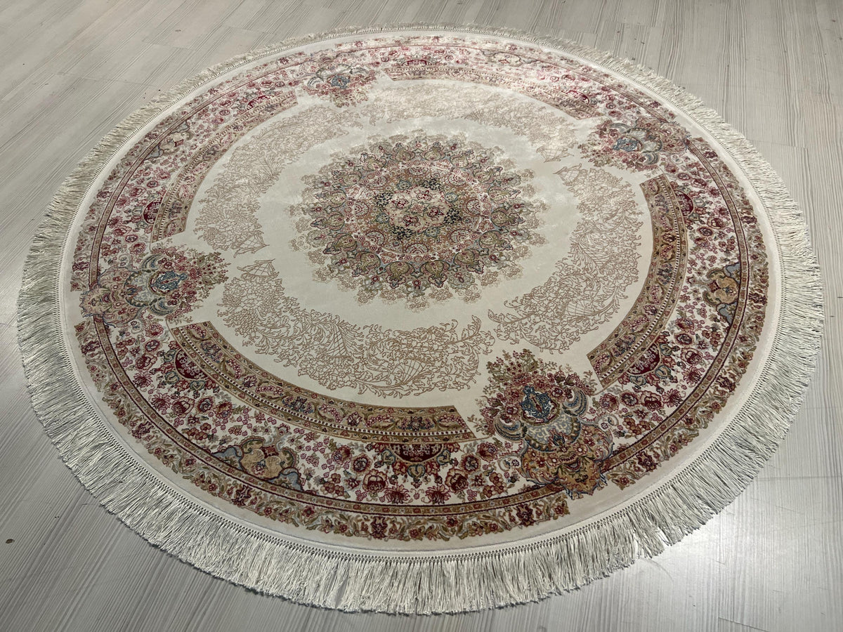 Cream Beige Silk Circle Rug, 4x4 ft Vintage Floral Rug
