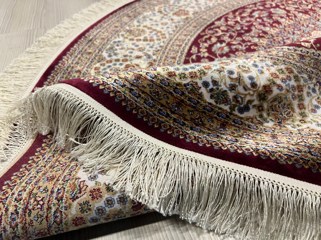 Red Modal Silk Circle Rug, Vintage Style, 5x5 ft