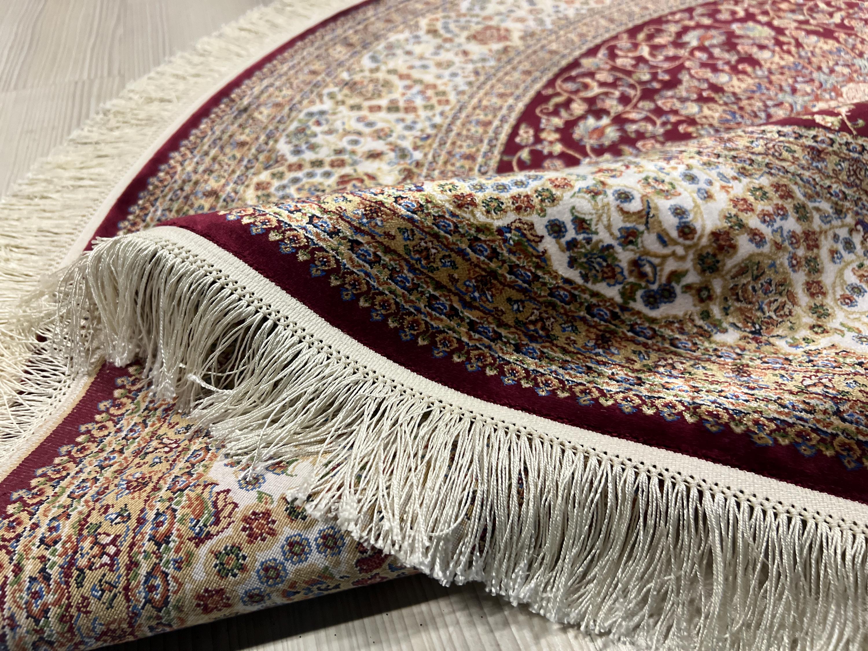 Red Modal Silk Circle Rug, Vintage Style, 5x5 ft