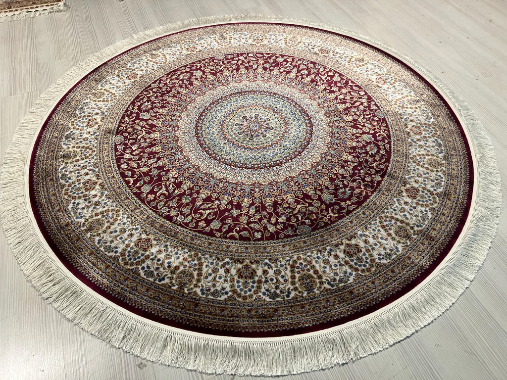 Red Modal Silk Circle Rug, Vintage Style, 5x5 ft
