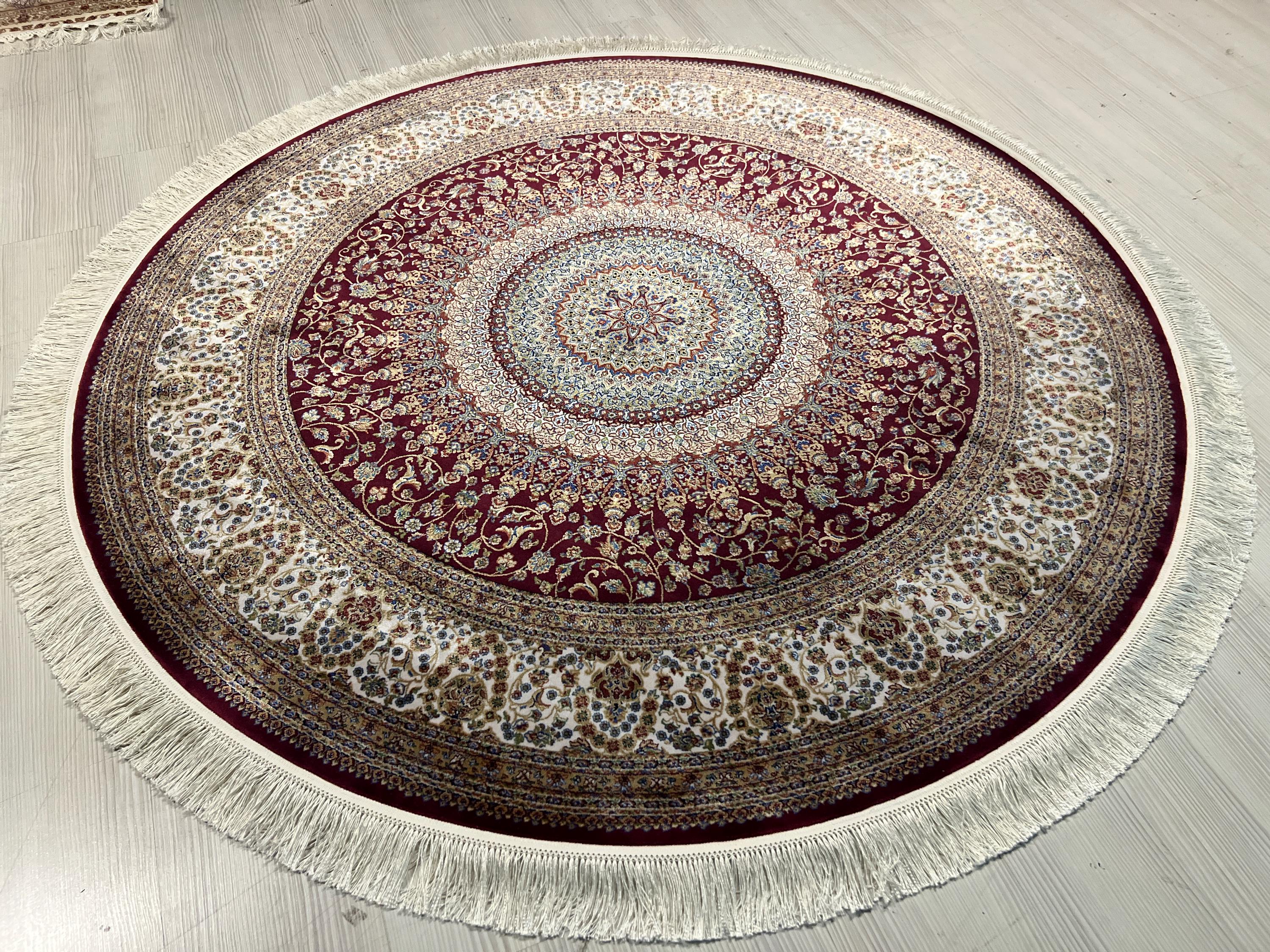 Red Modal Silk Circle Rug, Vintage Style, 5x5 ft