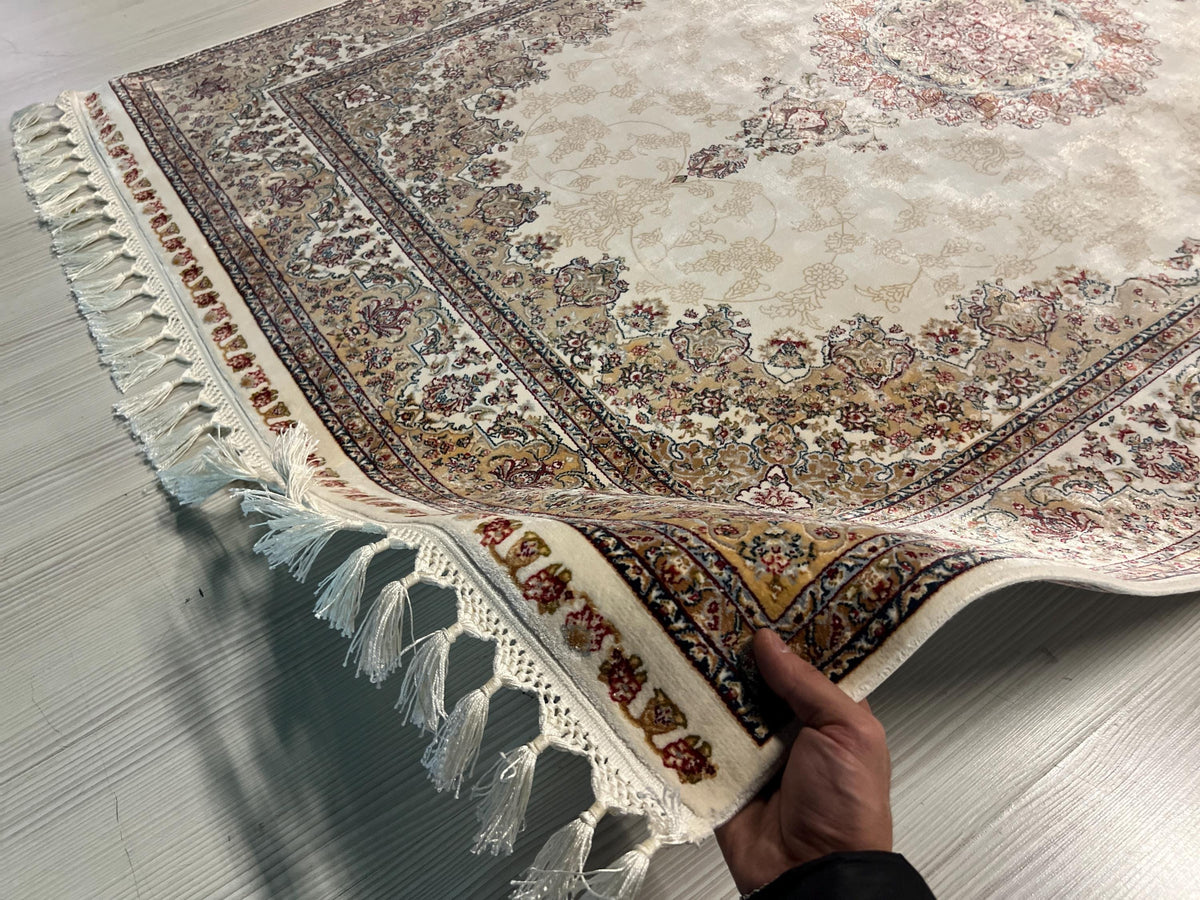 6x8 ft Cream Bamboo Silk Rug, Turkish Area Rug, Floral Medallion Carpet, Living Room Decor