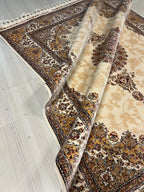 6x8 ft Cream Bamboo Silk Rug, Turkish Area Rug, Floral Medallion Carpet, Living Room Decor