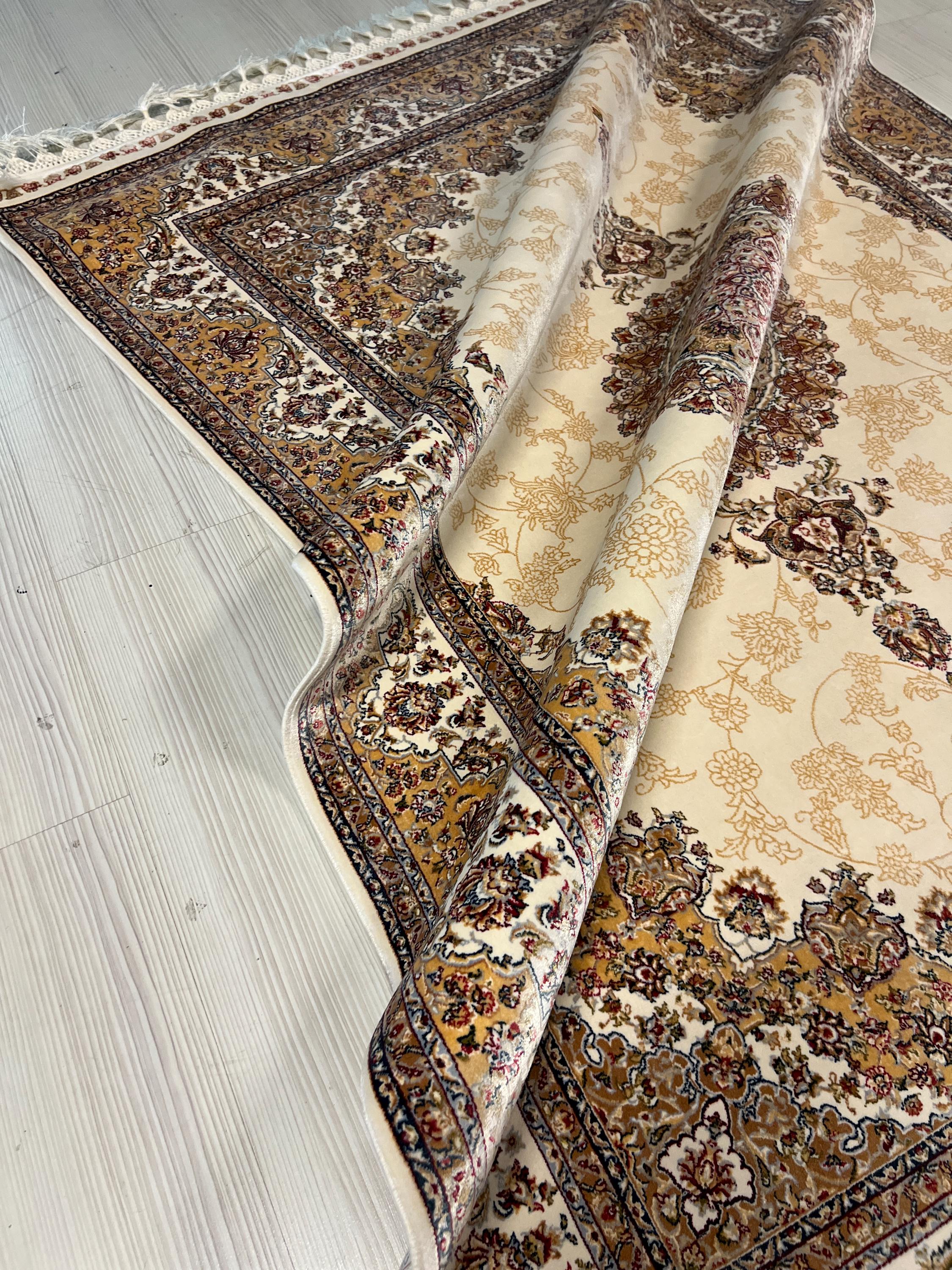 6x8 ft Cream Bamboo Silk Rug, Turkish Area Rug, Floral Medallion Carpet, Living Room Decor