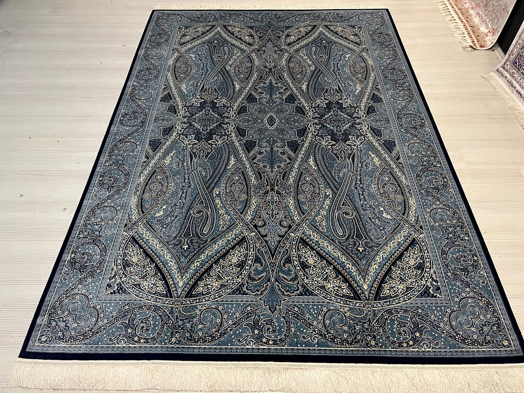 6x8 ft Gray Silk Area Rug, Geometric Paisley Design, Turkish Living Room Decor