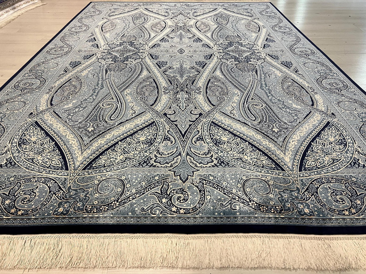 6x8 ft Gray Silk Area Rug, Geometric Paisley Design, Turkish Living Room Decor