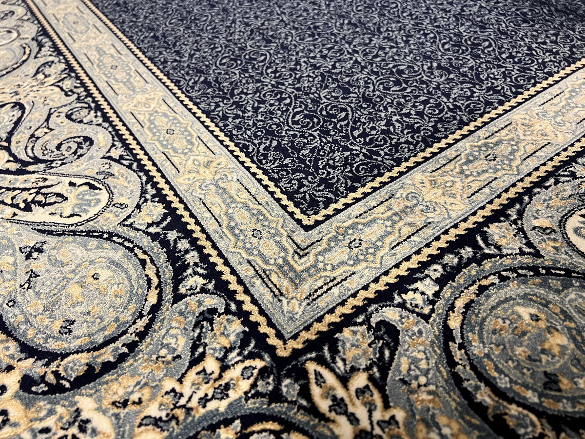 6x8 Navy Blue Modal Silk Rug, Paisley Border Area Rug, Turkish Living Room Decor