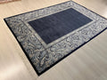 6x8 Navy Blue Modal Silk Rug, Paisley Border Area Rug, Turkish Living Room Decor